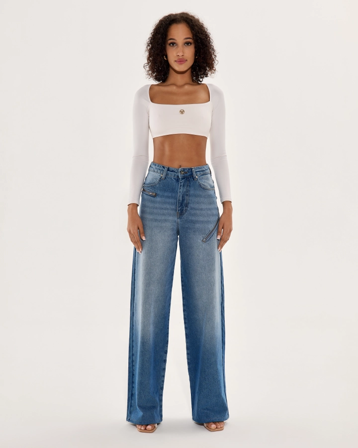 Blue Wide-Leg Denim Pants with Side Zippers – Modern and